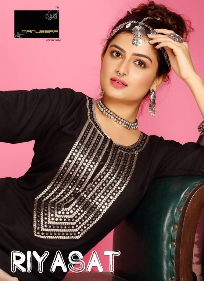 Manjeera Riyasat  Latest Fancy Designer Rayon Patiyala work Ethnic Wear Readymade Collection